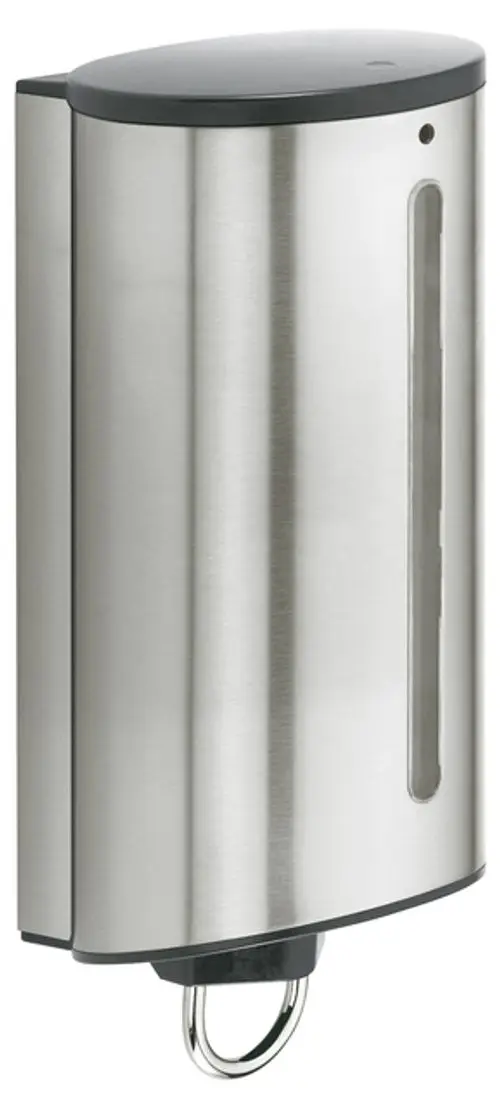 Wandmontierter, metallischer Behälter mit schmaler Öffnung. Konstruktion aus Edelstahl, geeignet für Keuco Produkte.